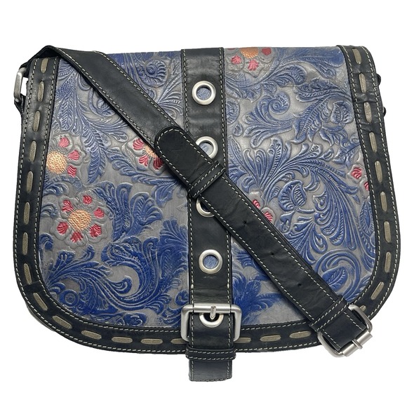 Firenze Bella Handbags - Firenze Bella Tooled Leather Hand Painted Buckle Studded Crossbody Purse Bag